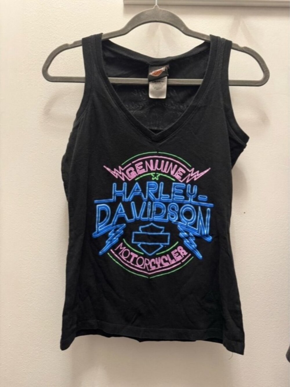 Harley-Davidson Black V-Neck Tee with Pink and Blue Neon Sign Logo